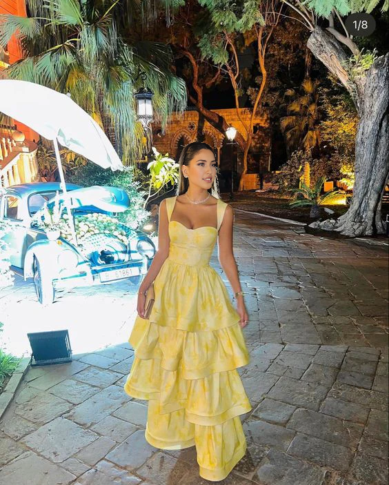 Weitese Formal Women's Dresses Pastel Yellow Ruffle Tiered A-Line Long Party Prom Dress Prom Dresses Stores